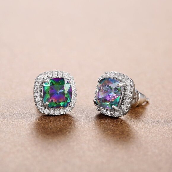 Square Colorful Micro Pave Zircon Stud Earrings for Women, EVGG1032 - Picture 10 of 10